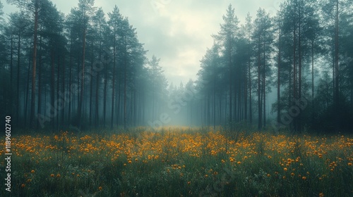 Fog envelops lush green hills and forests in the early morning light over tra...