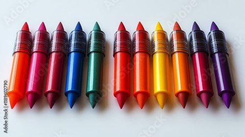 Colorful assortment of gel pens arranged in a neat row on a light background