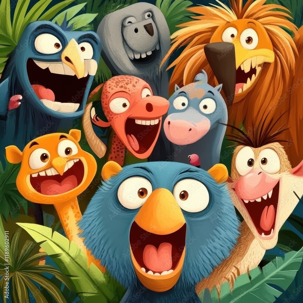 Fototapeta premium Happy Jungle Animals Smiling Together In A Group Photo