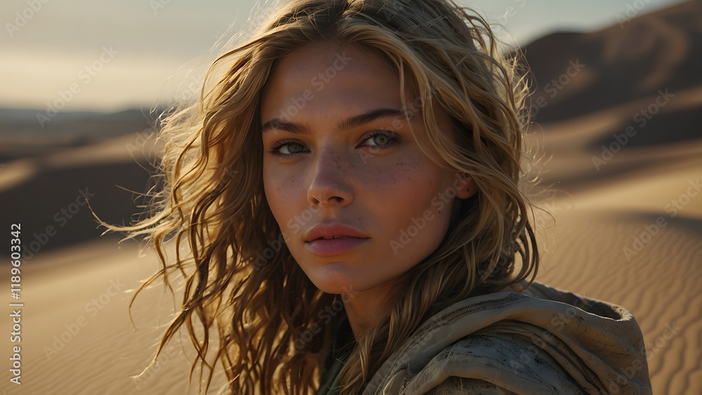 Fototapeta premium Model poses thoughtfully in a serene desert landscape at sunset with flowing hair and natural makeup