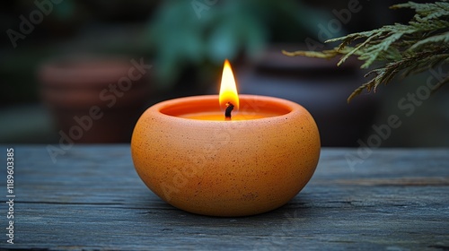 Flickering candlelight illuminates rustic wooden table during serene evening