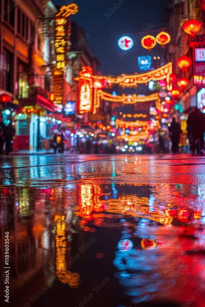 Fototapeta premium Reflective puddles on a rain-slicked street illuminate the vibrant, blurry lights and lanterns of a bustling Asian night market