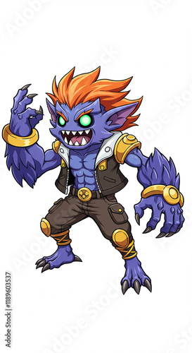 Powerful Cartoon Monster Character Design Fierce Purple Creature with Orange Hair Fantasy