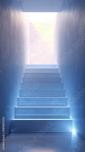 Stairway leading to bright light in a dimly lit space at dusk