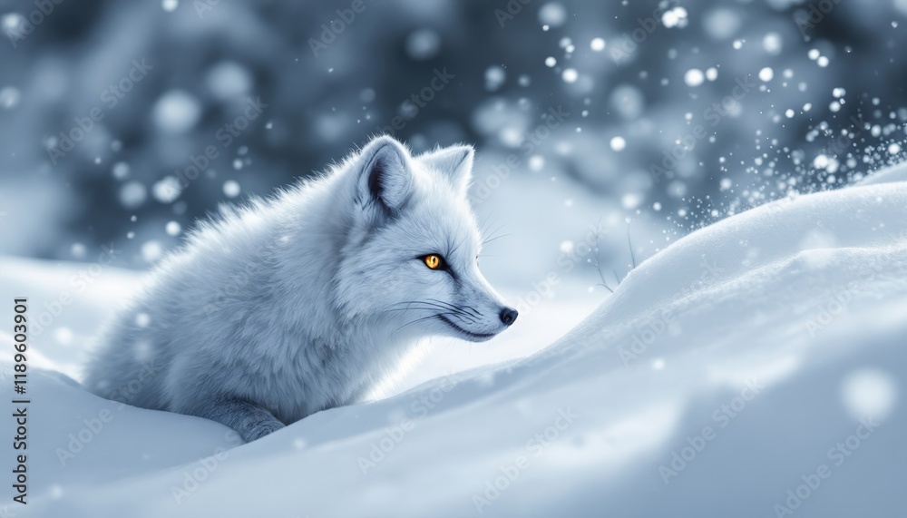 A beautiful snow fox with bright orange eyes sits in the soft snow of winter A beautiful snow fox with bright orange eyes sits in the soft snow of winter