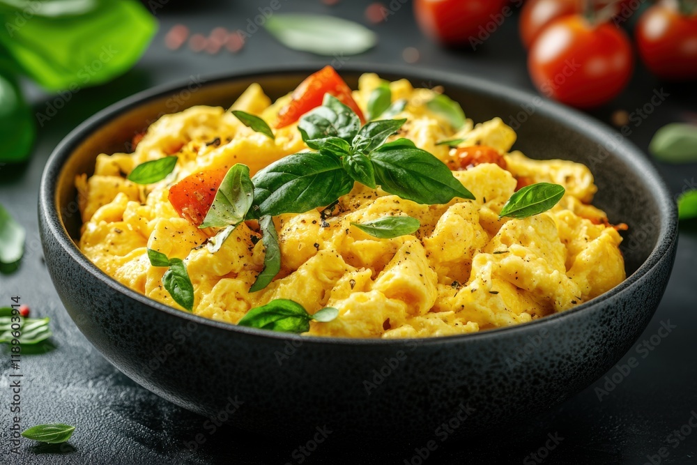 Scrumptious scrambled eggs with tomatoes and basil, a delicious and healthy breakfast or brunch option. Scrumptious scrambled eggs with tomatoes and basil, a delicious and healthy breakfast or brunch option.