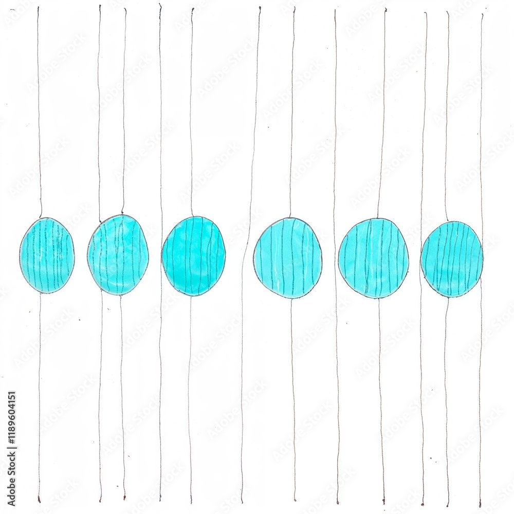 Fototapeta premium teal and white geometric pattern, minimalist style, vertically aligned elongated rounded shapes resembling arches, thin white outlines, symmetrical design, uniform spacing, wallpapers, textiles