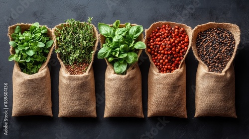 Fresh herbs and spices arranged in burlap sacks on a dark background for culi...