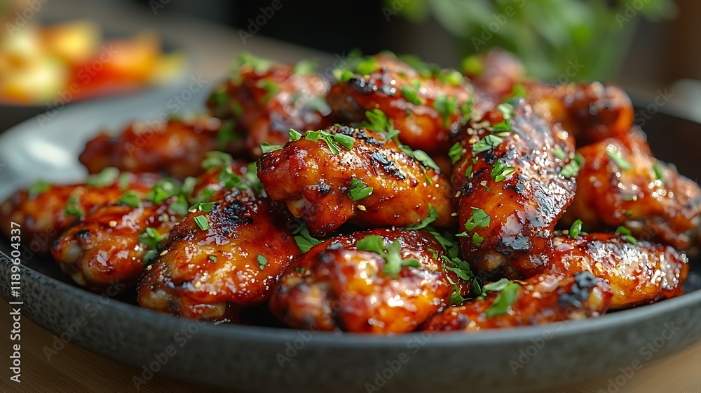 Close-up of delicious, glazed chicken wings garnished with fresh parsley on a dark plate. Close-up of delicious, glazed chicken wings garnished with fresh parsley on a dark plate.