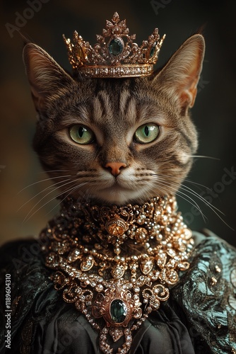 portrait of a cat, high fashion Style, stylish clothes and luxury necklace of jeweleries, wearing a crown
