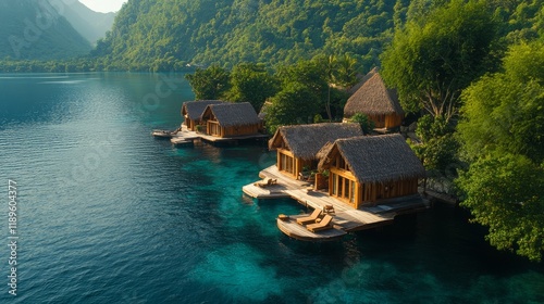 Tranquil water cottages surrounded by lush greenery in a serene landscape at ...