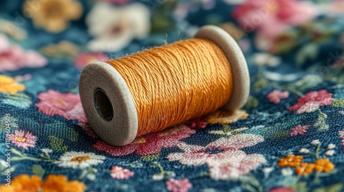Elegant spool of thread resting on a floral embroidered fabric in a cozy work...