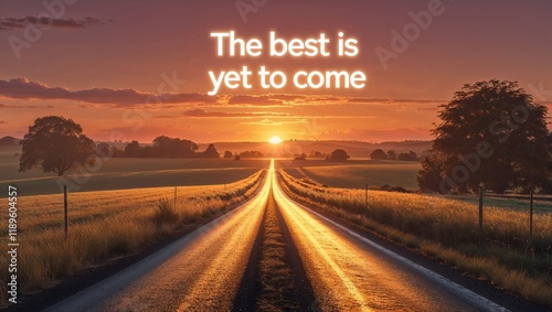 Sunrise road with inspiring quote on horizon, The best is yet to come