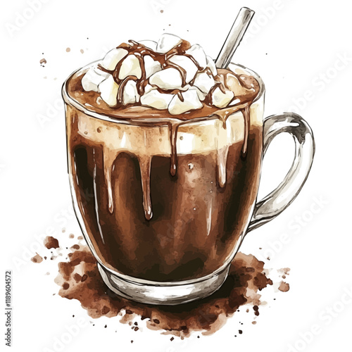 A watercolor of Nutella hot chocolate, isolated on a white background. Nutella hot chocolate vector.
