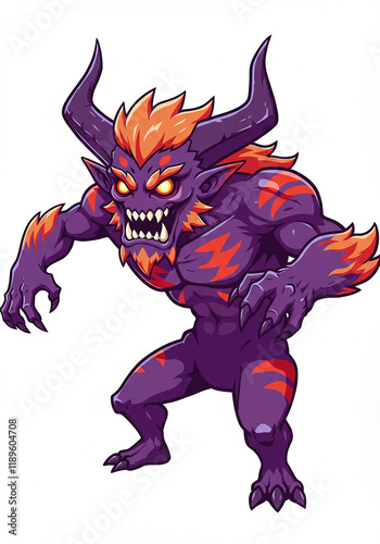 Powerful Purple Demon Fierce Horns Glowing Eyes Fantasy Creature Illustration