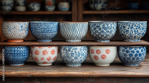 Colorful crafted bowls displayed on a wooden table in a ceramics shop