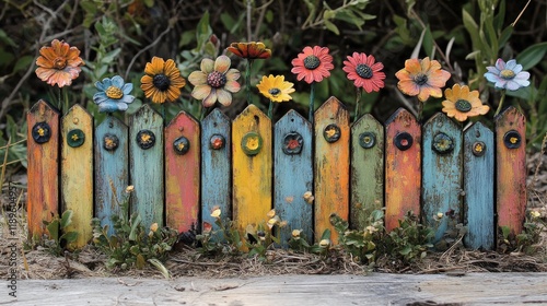 Decorative garden stones with floral designs arranged along a stone pathway a...