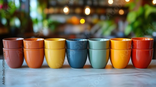 Colorful ceramic cups arranged on a table in a cozy cafe environment with plants