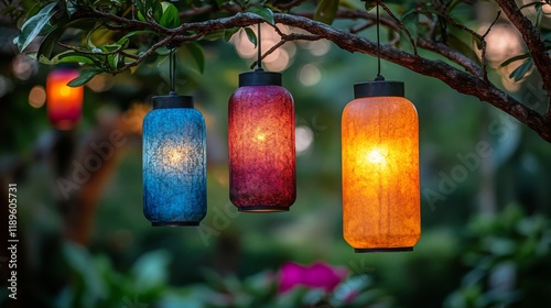 Beautiful lanterns illuminate a serene garden pathway during twilight hours