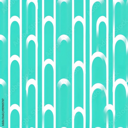  teal and white geometric pattern, minimalist style, vertically aligned elongated rounded shapes resembling arches, thin white outlines, symmetrical design, uniform spacing, wallpapers, textiles, digi photo