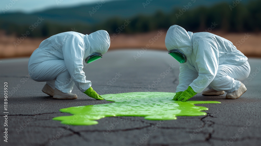 A hazmat team in protective suits cleaning up a chemical spill on a road. A hazmat team in protective suits cleaning up a chemical spill on a road.
