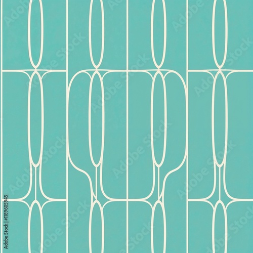  teal and white geometric pattern, minimalist style, vertically aligned elongated rounded shapes resembling arches, thin white outlines, symmetrical design, uniform spacing, wallpapers, textiles, digi photo