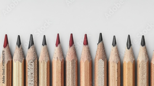 Colorful pencil tips arranged in a straight line on a light background for ar...