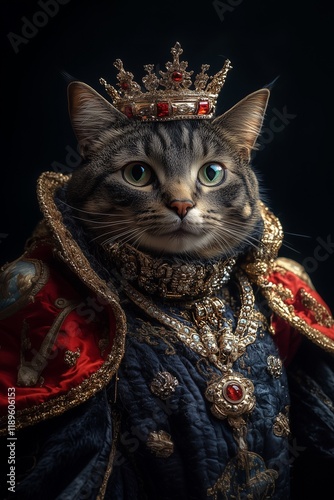 portrait of a cat, high fashion Style, stylish clothes and luxury necklace of jeweleries, wearing a crown