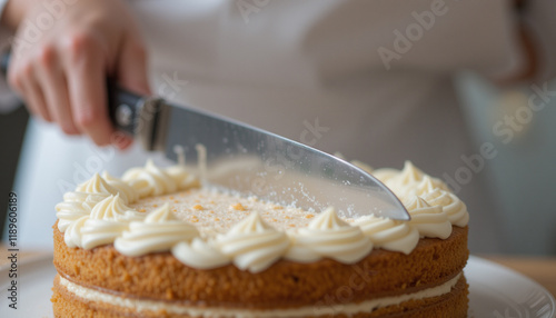 Baker slicing a cake or pie with delicious frosting on top ready for serving. Confectioners Day photo