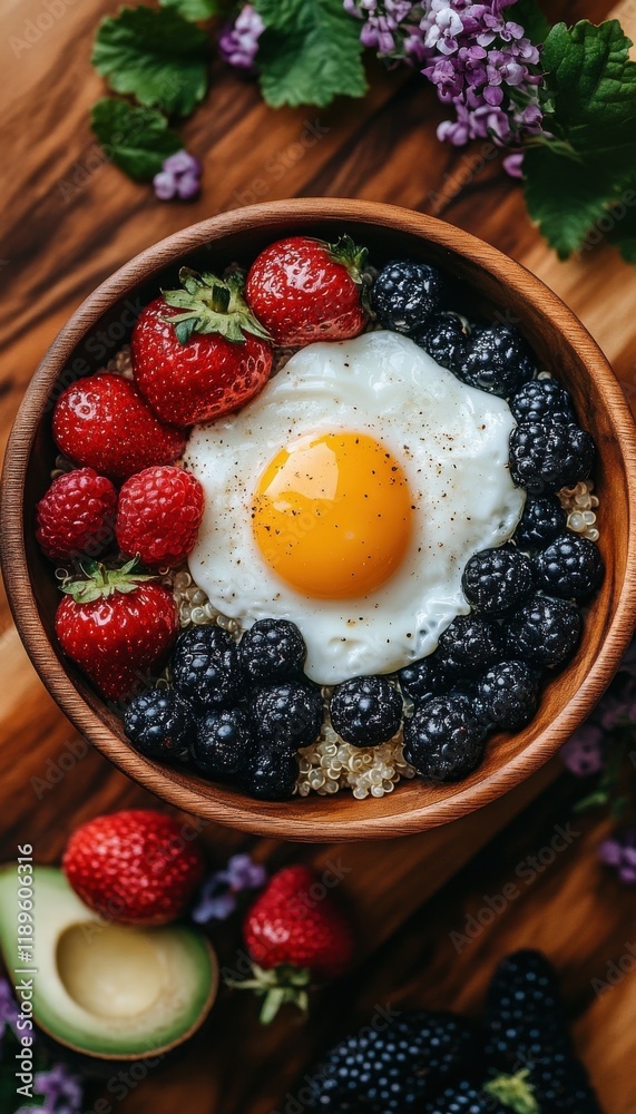 Healthy breakfast bowl with fried egg, berries, and quinoa. Healthy breakfast bowl with fried egg, berries, and quinoa.