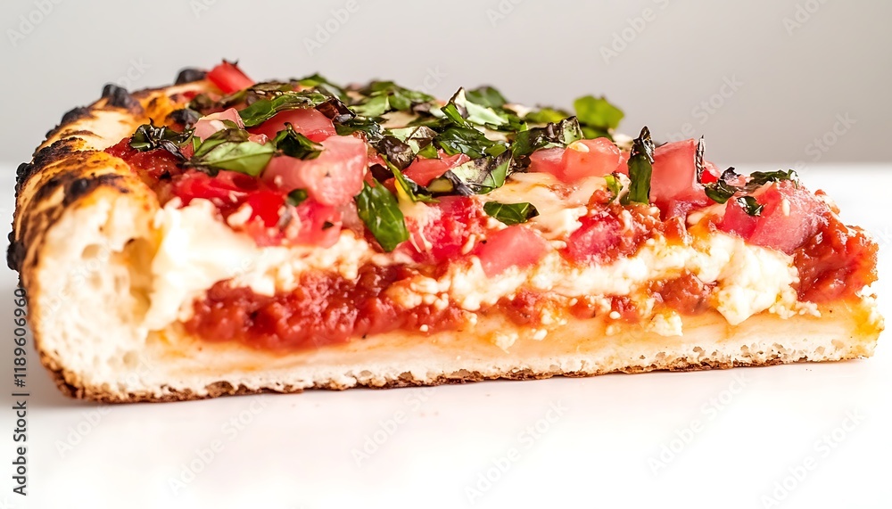 Delicious slice of deep-dish pizza with tomato, cheese, and basil. Delicious slice of deep-dish pizza with tomato, cheese, and basil.