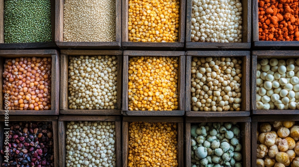 custom made wallpaper toronto digitalAssorted grains and legumes in wooden boxes.