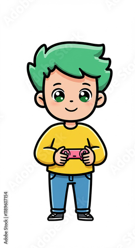 Cute Cartoon Boy Playing Video Games Happy Gamer Child Holding Gamepad Green Hair