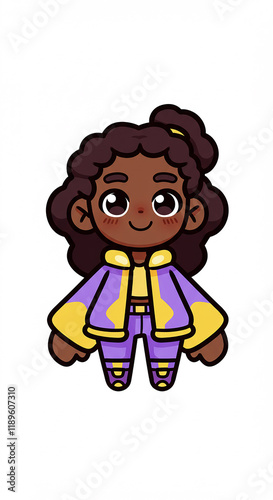 Adorable Cartoon Girl Dark Skin Purple Jacket Yellow Accents Cute Anime Style Illustration