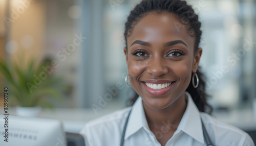 Afro-American receptionist or secretary smiling at work in a professional office setting. photo