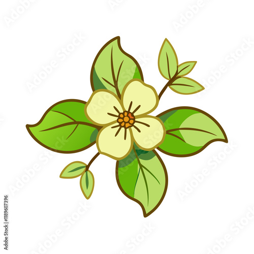 Cartoon dogwood flower with green leaves icon in flat style