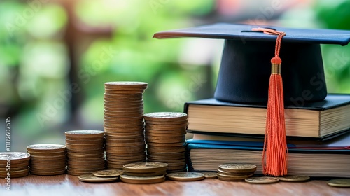 stack of graduation coins and money on black table
