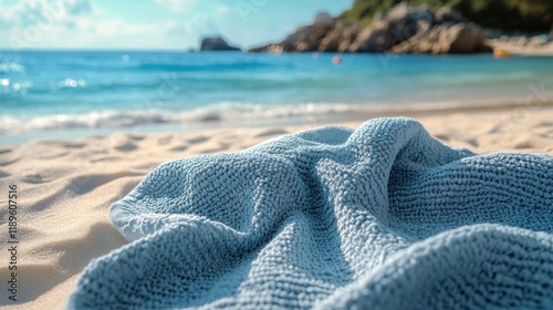 Relaxing on a blue blanket on the sandy beach during sunset with gentle waves...