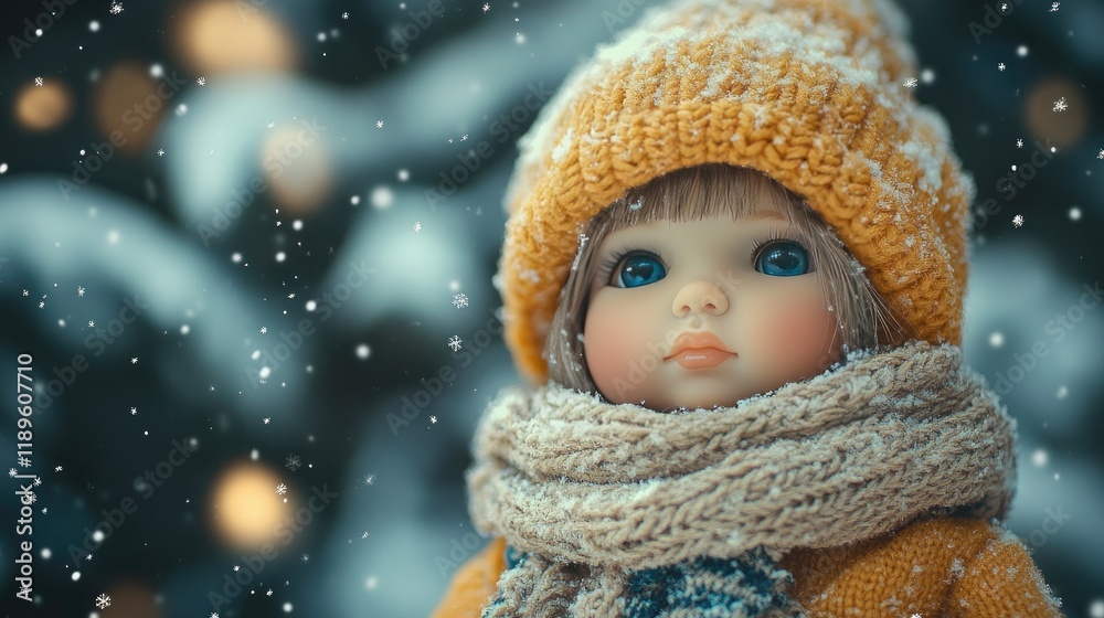 A baby doll with a knitted hat and scarf, set against a winter-themed background, creating a cozy feel A baby doll with a knitted hat and scarf, set against a winter-themed background, creating a cozy feel