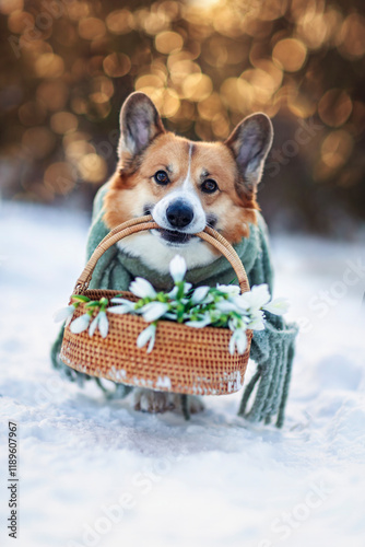 cute corgi dog carrying basket of snowdrops through snowdrifts on sunny evening