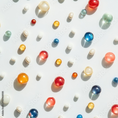 Colorful variety of pills and capsules arranged in a decorative pattern on a light background showcasing vibrant hues. Generative AI