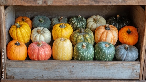 Colorful assortment of pumpkins displayed in wooden crate for autumn harvest ...