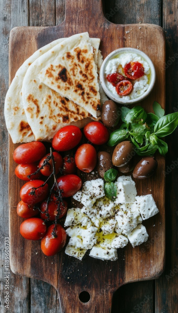 Mediterranean meze platter with flatbread, olives, feta, and roasted tomatoes.