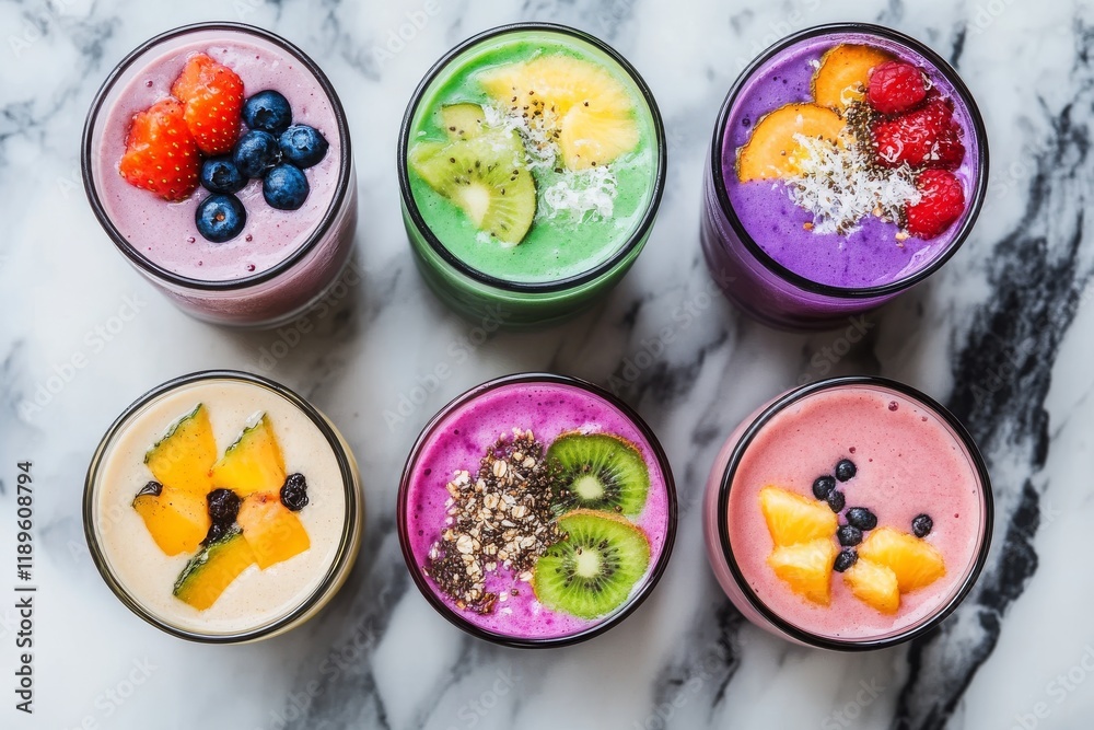 Six vibrant smoothie cups, each topped with fresh fruit and seeds, arranged on a marble surface Six vibrant smoothie cups, each topped with fresh fruit and seeds, arranged on a marble surface