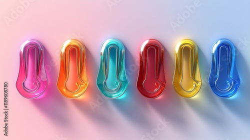 Colorful collection of paper clips arranged in a vibrant gradient on a light ...