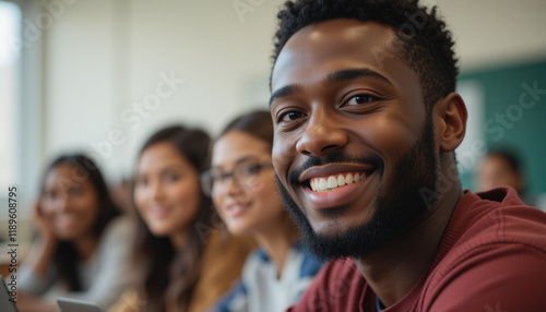 Young afro-american student in university classroom smiling and enjoying the learning experience. photo