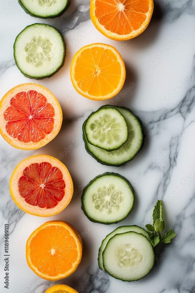 Sliced citrus fruits and cucumbers arranged on a marble surface Sliced citrus fruits and cucumbers arranged on a marble surface