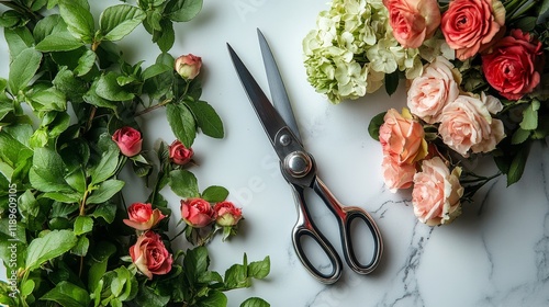 Fresh herbs and garlic with scissors arranged on a kitchen countertop during ...