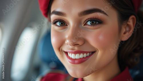 Flight attendant smiling in uniform, providing excellent service on an airplane. photo