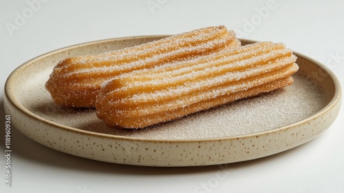 Crispy golden churros sprinkled with sugar on a plate ready to be enjoyed dur...